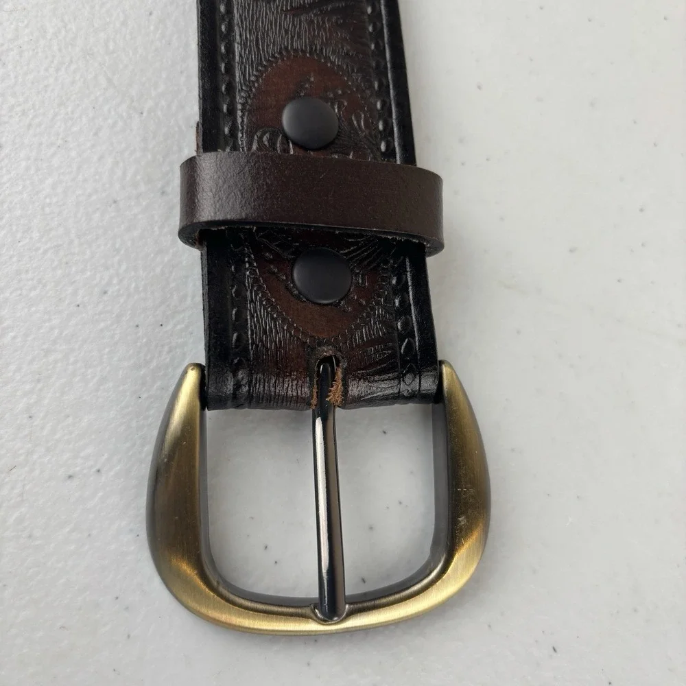 Leather‎ Fishing Belt Sz 38 Bass Fisherman Tooled Brown Leather Removable Buckle